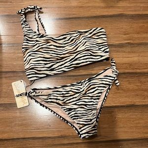 Cabana del Sol Zebra Stripe Print One Shoulder Bikini Large NWT